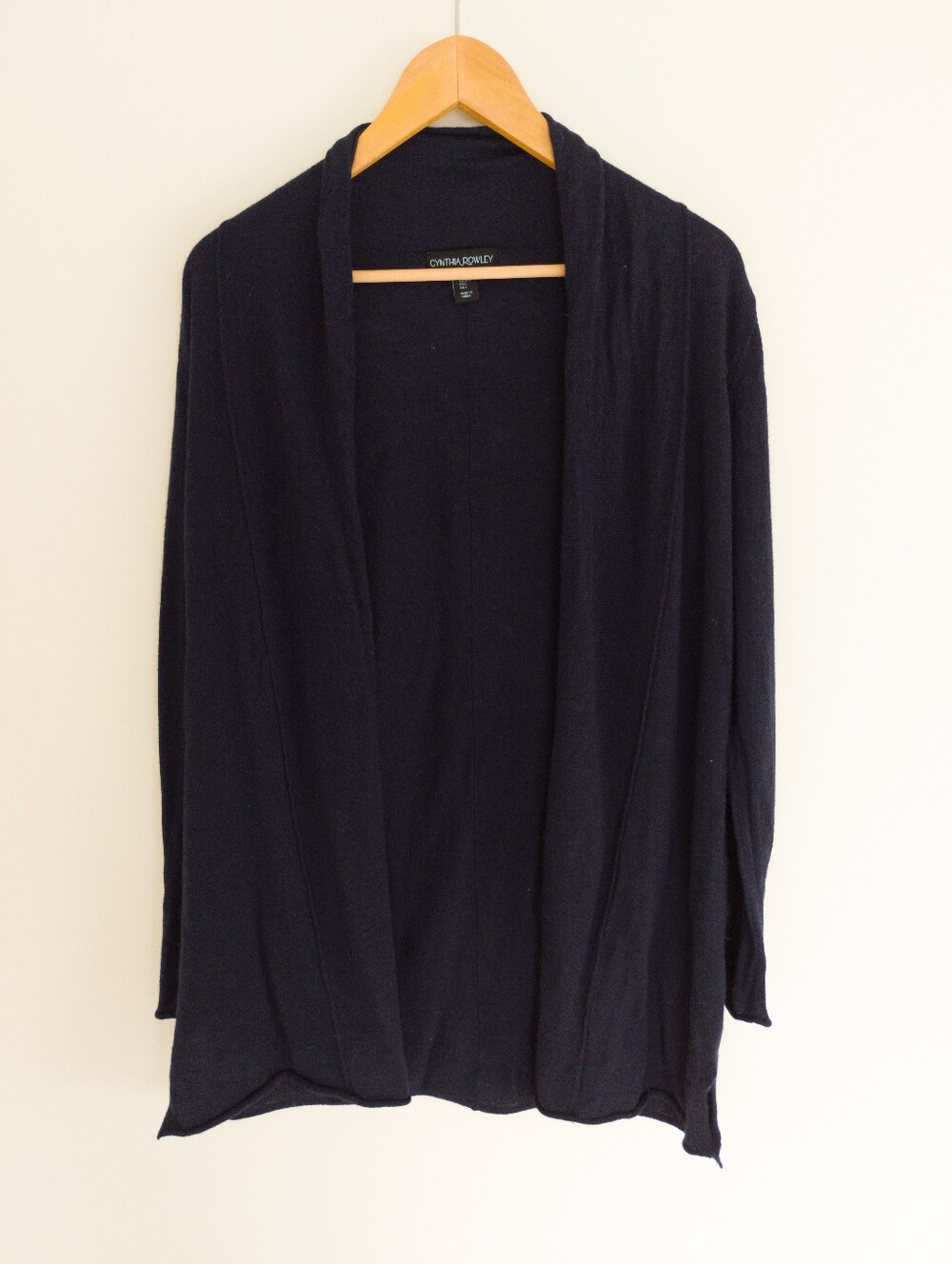 Cynthia Rowley Navy Blue Extrafine Merino Wool Open Front Cardigan Sweater L